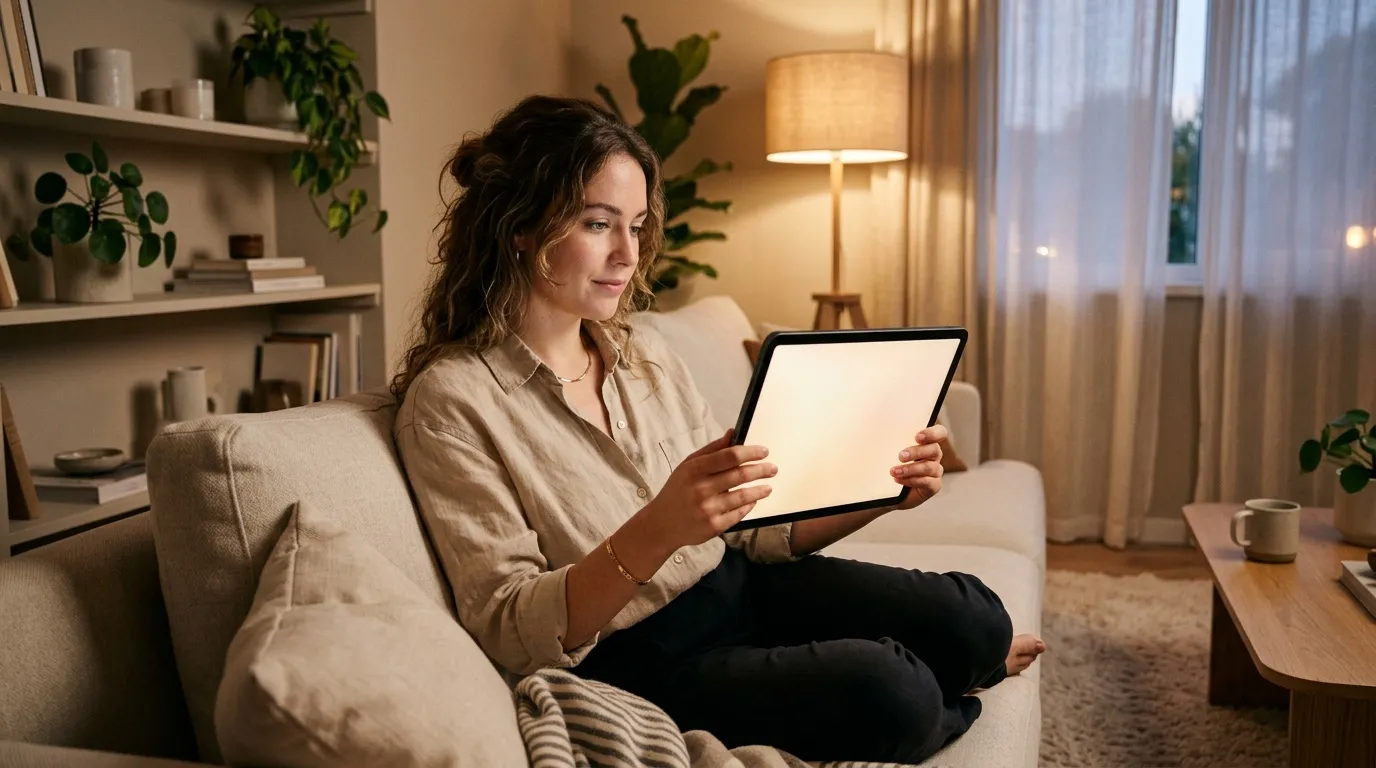 Femme assise sur canapé utilisant tablette numérique