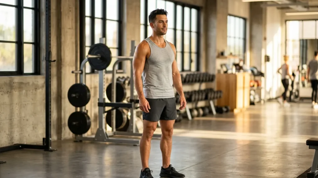 Homme en tenue de sport debout dans une salle de musculation moderne