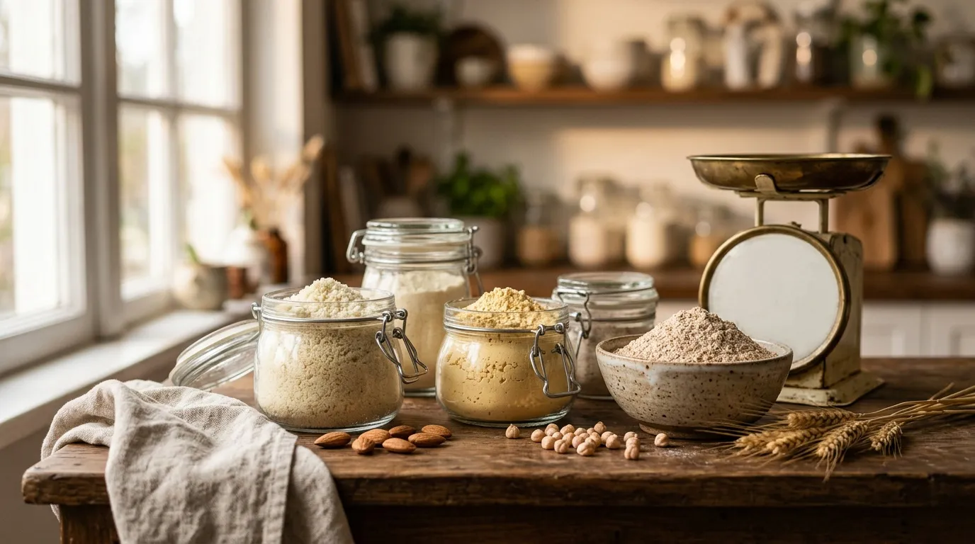 Farines et grains dans bocaux en verre, balance, cuisine rustique