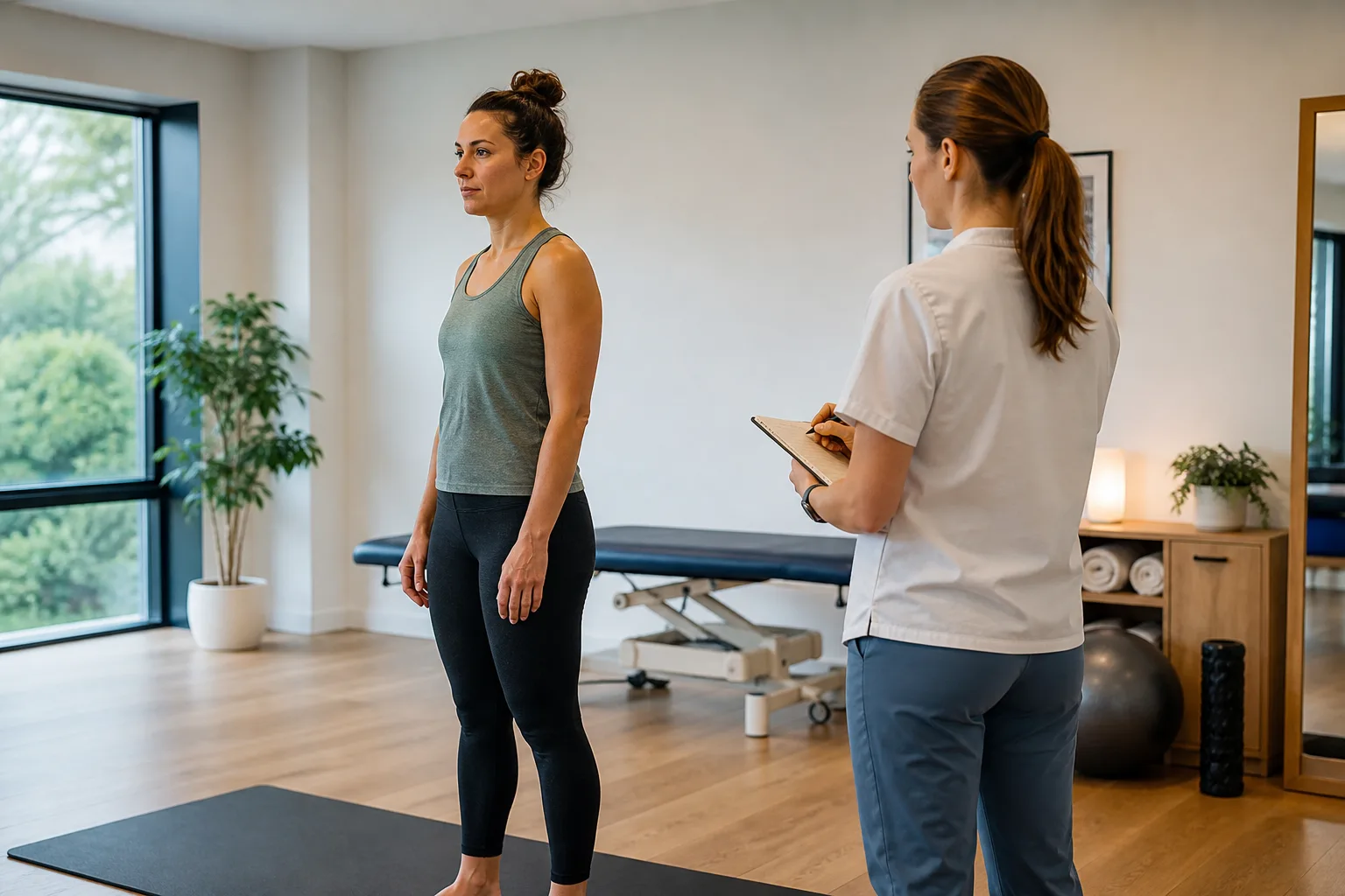 Une femme en tenue de sport se tient debout pendant qu’une kinésithérapeute observe sa posture.