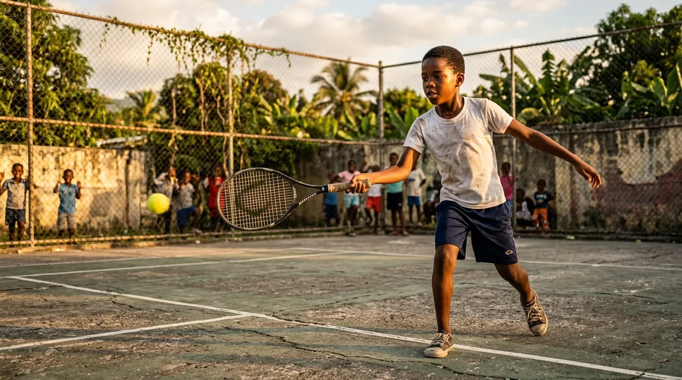 Enfant joue au tennis sur un court en plein air