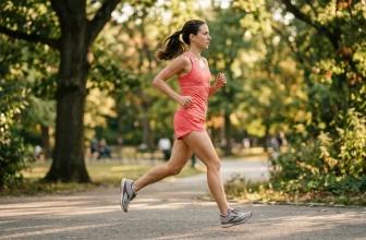 Femme courant dans un parc arboré en tenue de sport rose
