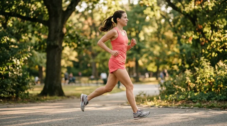 Femme courant dans un parc arboré en tenue de sport rose