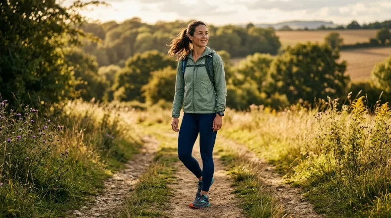 Femme marchant sur un sentier rural ensoleillé