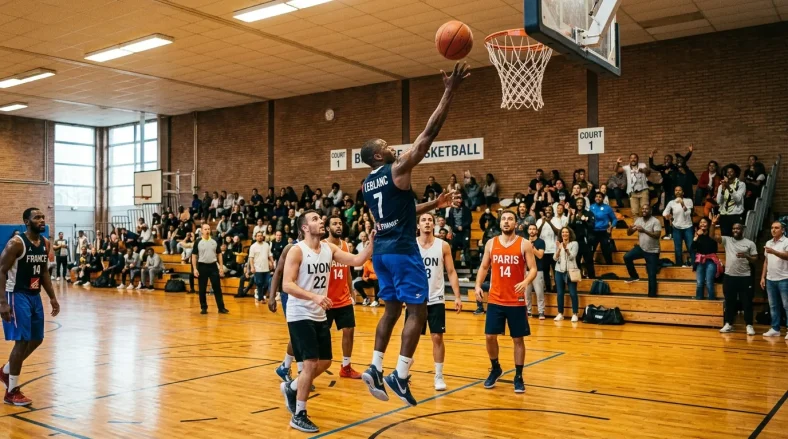 Joueur en bleu effectue un tir au panier lors d'un match