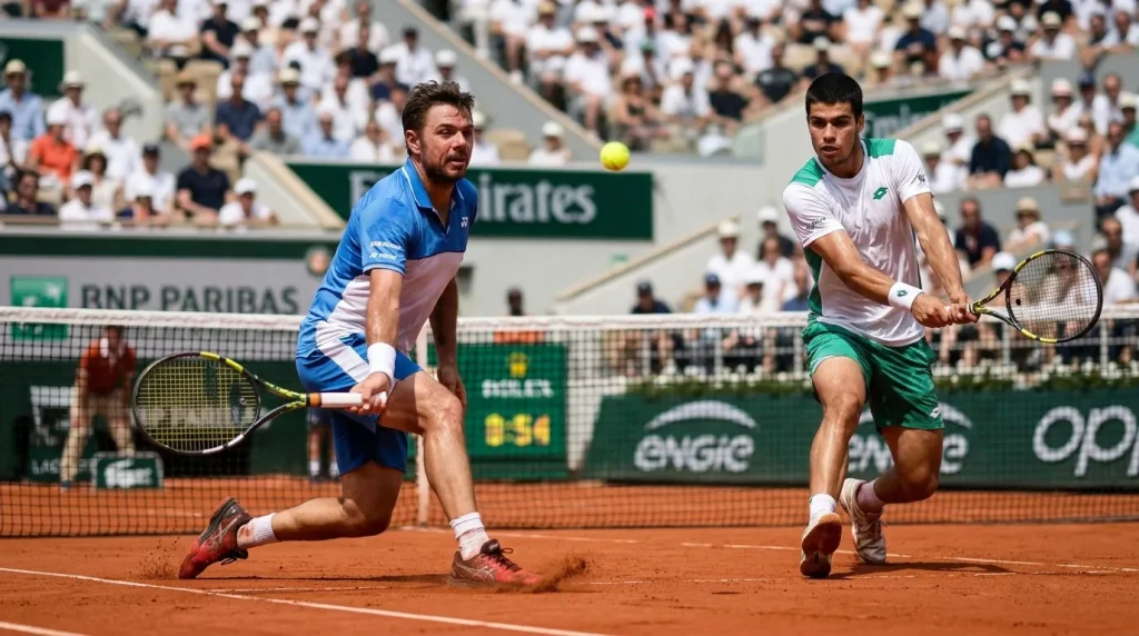 Deux joueurs de tennis s'affrontent sur terre battue orange