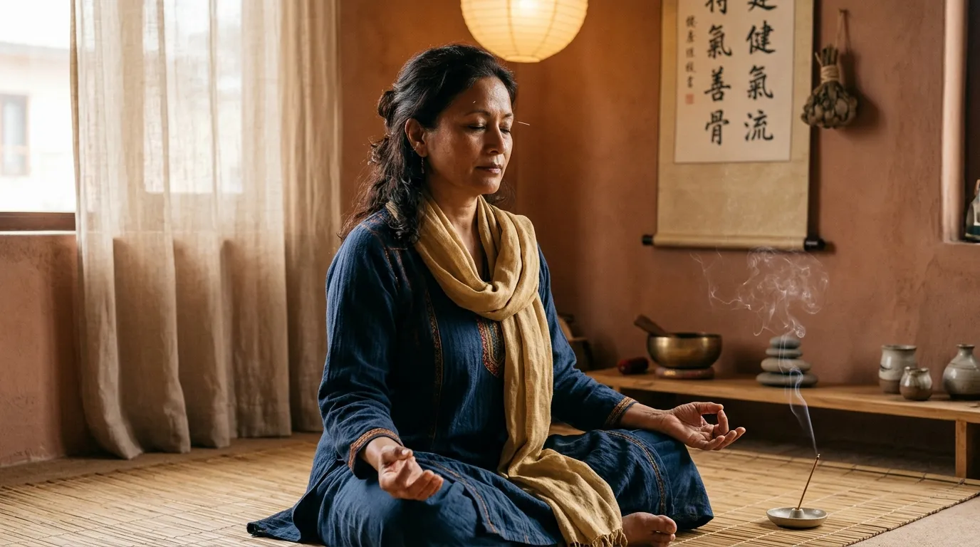 Femme en méditation dans un intérieur asiatique traditionnel.