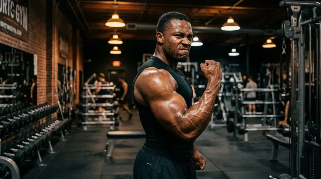 Homme musclé posant fièrement dans une salle de sport moderne