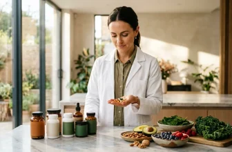 Femme nutritionniste tenant des compléments alimentaires devant fruits et légumes