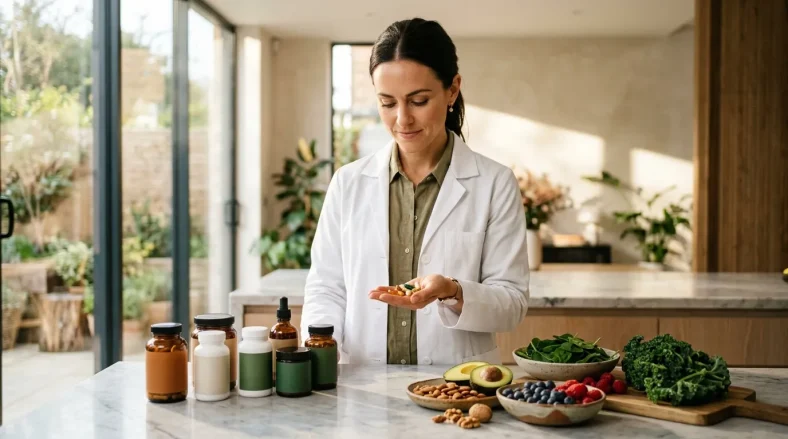 Femme nutritionniste tenant des compléments alimentaires devant fruits et légumes