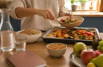 Une personne sert des légumes rôtis avec des céréales, des légumineuses et des fruits sur une table.