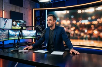 Homme parlant au micro dans un studio de broadcast sportif professionnel