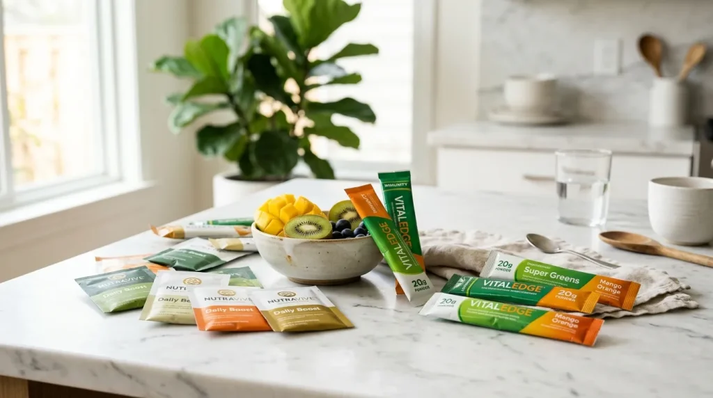 Compléments alimentaires, fruits frais et bol sur table blanche