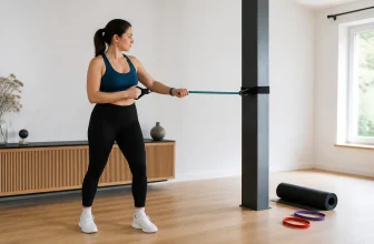 Une femme effectue un tirage avec un élastique fixé autour d’un poteau robuste.