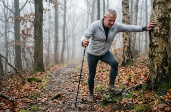 Pratiquant de marche nordique avec bâtons sur un sentier forestier