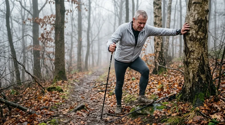 Pratiquant de marche nordique avec bâtons sur un sentier forestier