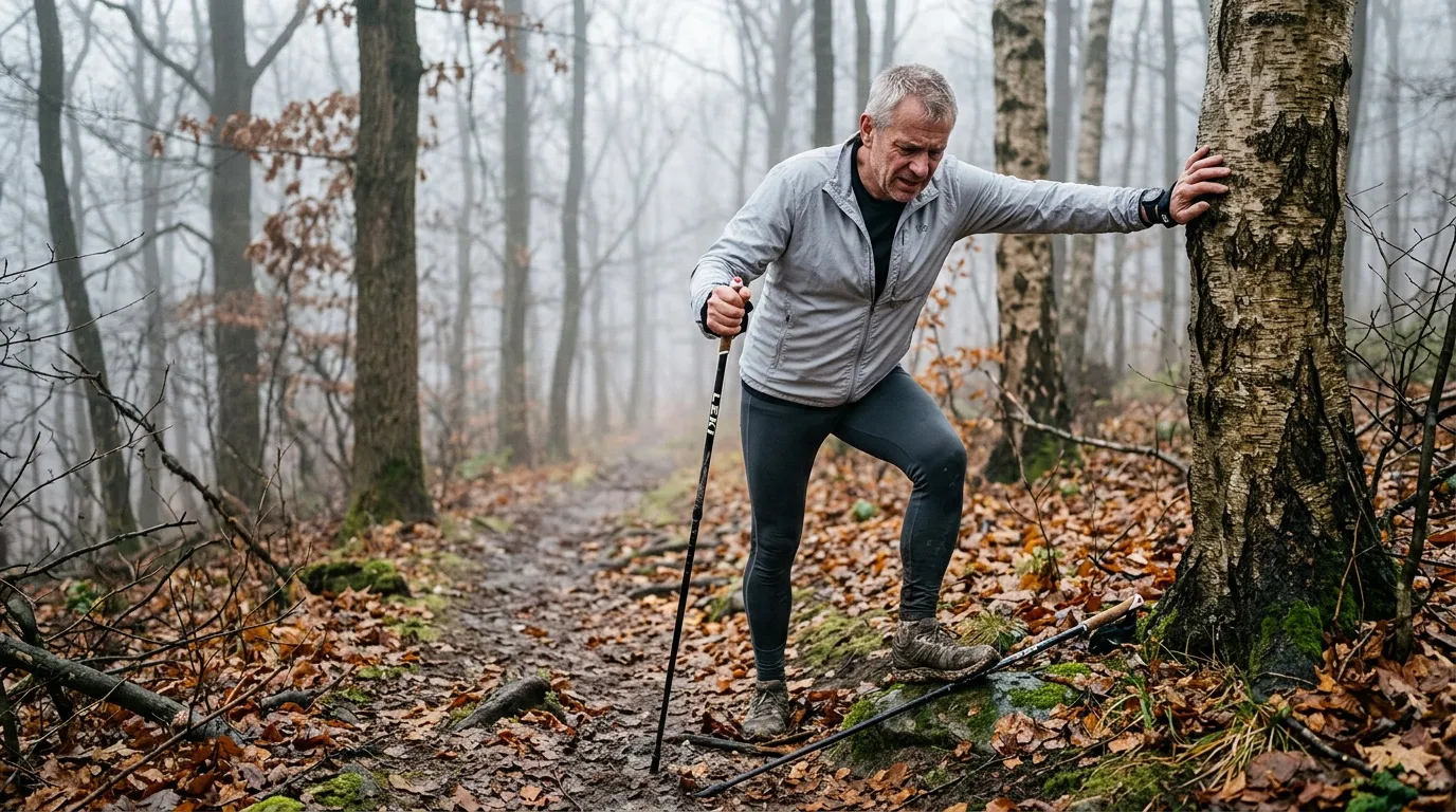 Randonneur avançant sur un chemin forestier