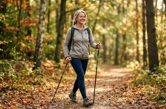 Femme pratiquant la marche nordique en forêt automnale