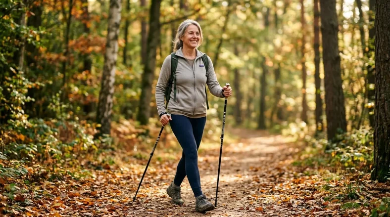 Femme pratiquant la marche nordique en forêt automnale