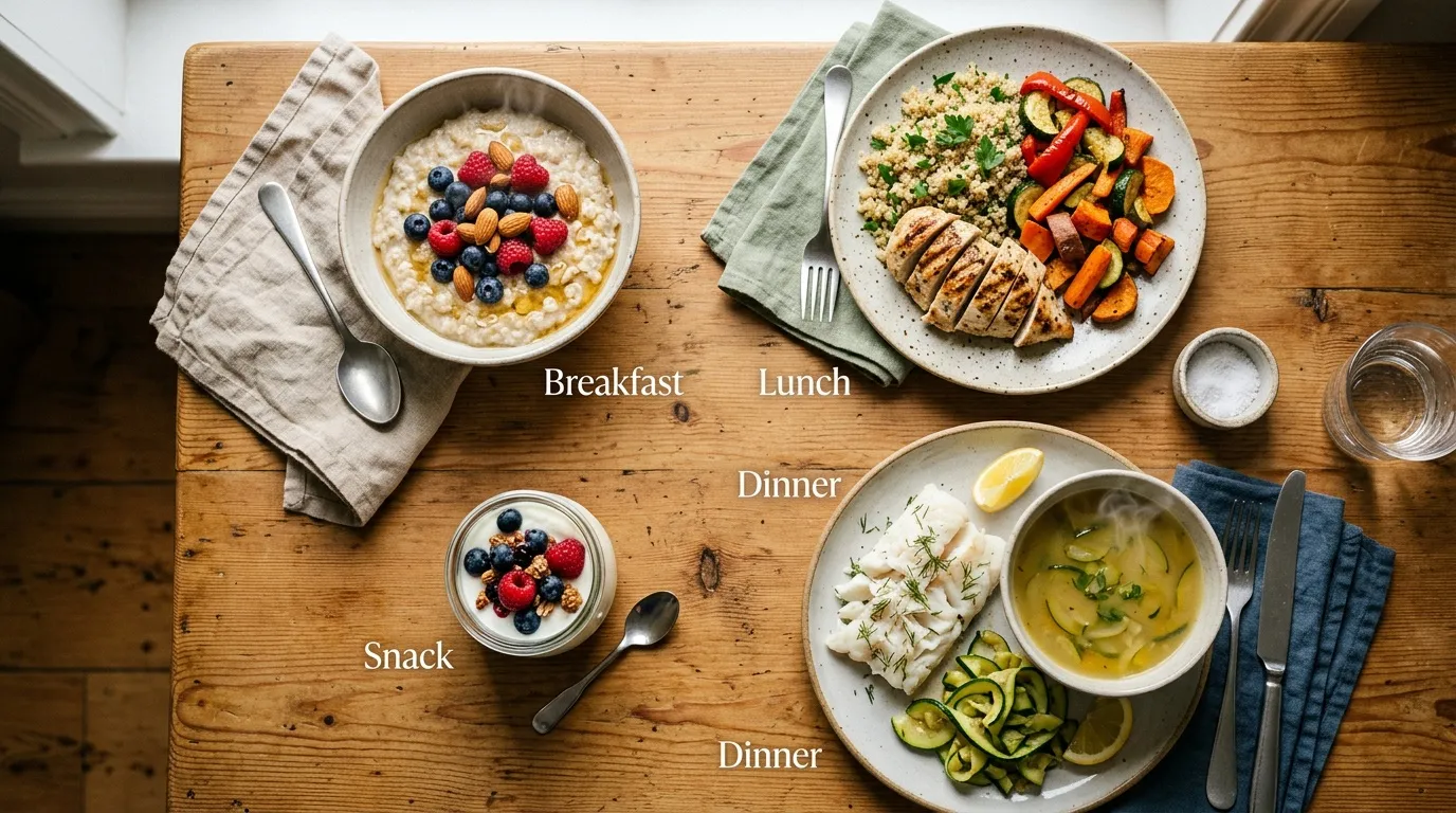 Petit-déjeuner, déjeuner, collation et dîner sains sur bois