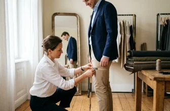 Couturière prenant les mesures d'un client en magasin de mode