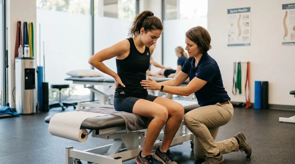 Thérapeute examinant le dos d'une patiente assise sur un banc