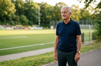 Homme âgé en polo bleu près d'un terrain de football