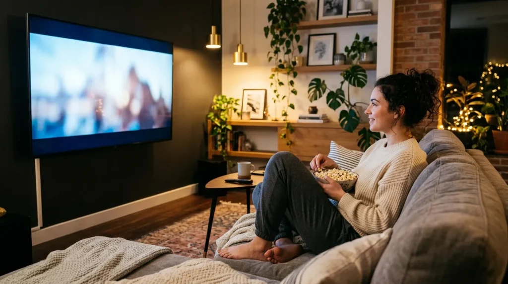 Femme regardant la télévision avec du popcorn sur un canapé