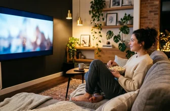 Femme regardant la télévision avec du popcorn sur un canapé