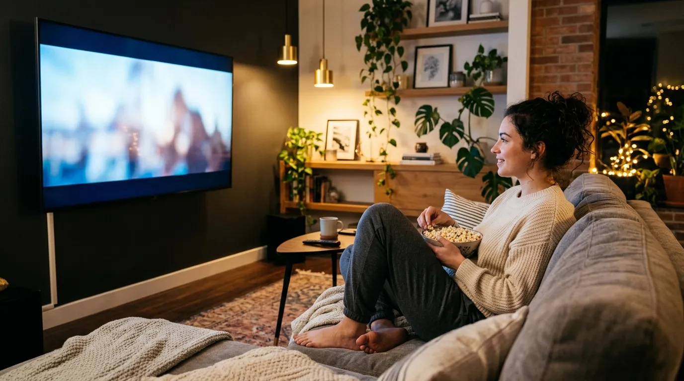 Femme regardant la télévision avec du popcorn sur un canapé