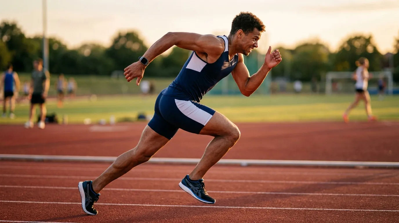 Athlète masculin courant à grande vitesse sur piste d'athlétisme