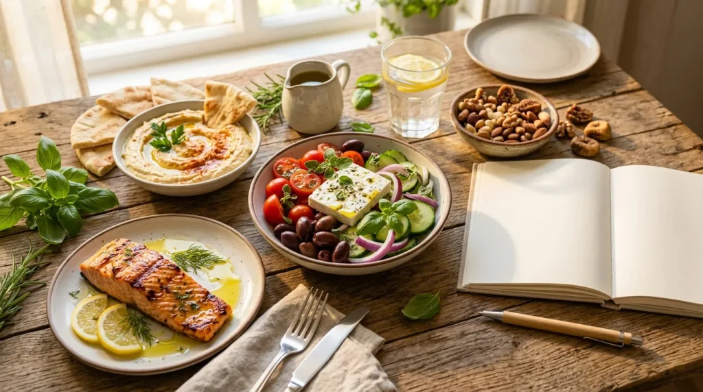 Table avec saumon, salade grecque, hummus, pain pita et fruits secs