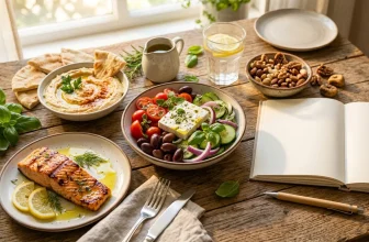 Table avec saumon, salade grecque, hummus, pain pita et fruits secs