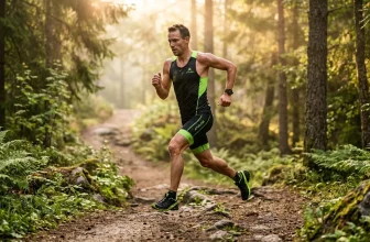 Coureur trail en tenue noire et verte dans forêt
