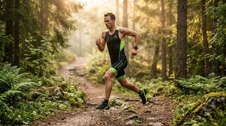 Coureur trail en tenue noire et verte dans forêt