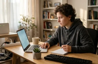 Jeune homme travaillant sur ordinateur portable dans son bureau