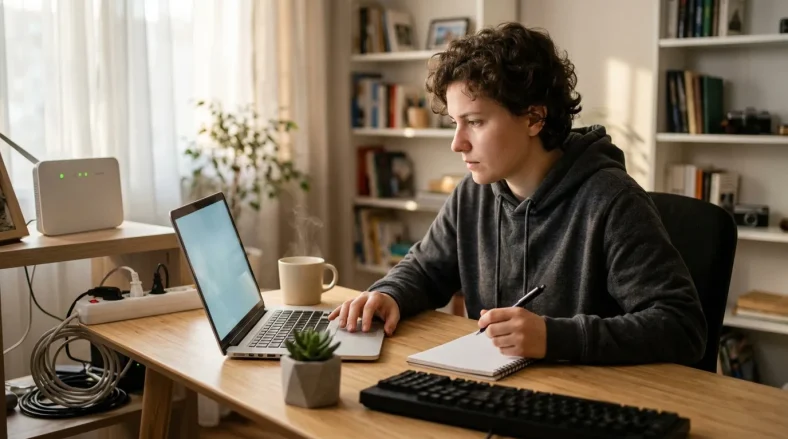 Jeune homme travaillant sur ordinateur portable dans son bureau