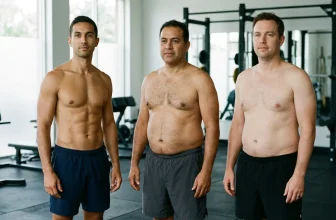 Trois hommes shirtless affichant différents niveaux de condition physique