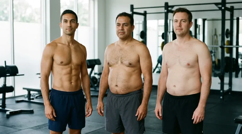Trois hommes shirtless affichant différents niveaux de condition physique