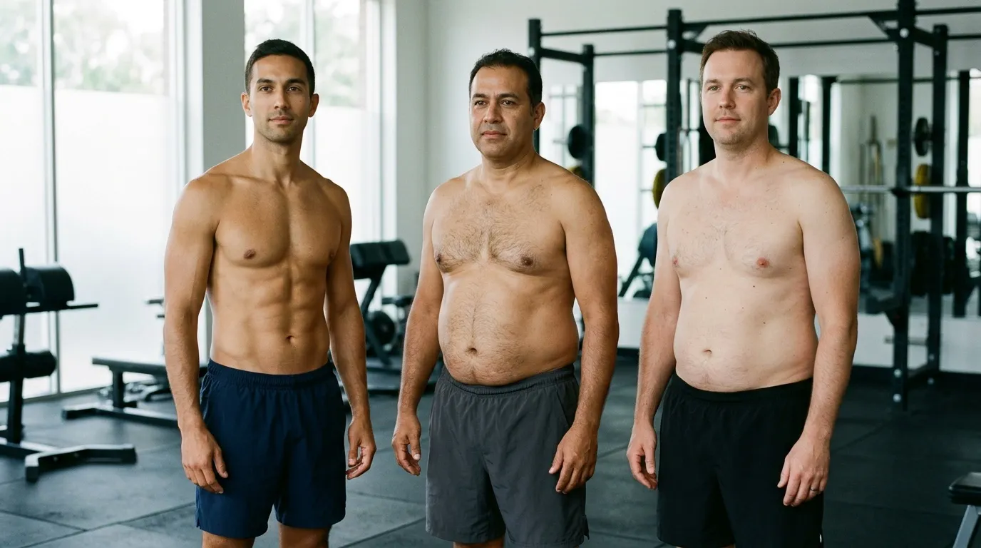 Trois hommes adultes de morphologies différentes se tiennent debout dans une salle de sport.