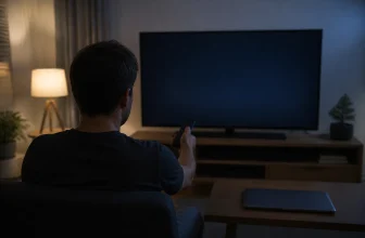 Un homme pointe une télécommande vers un téléviseur à l’écran noir dans un salon.