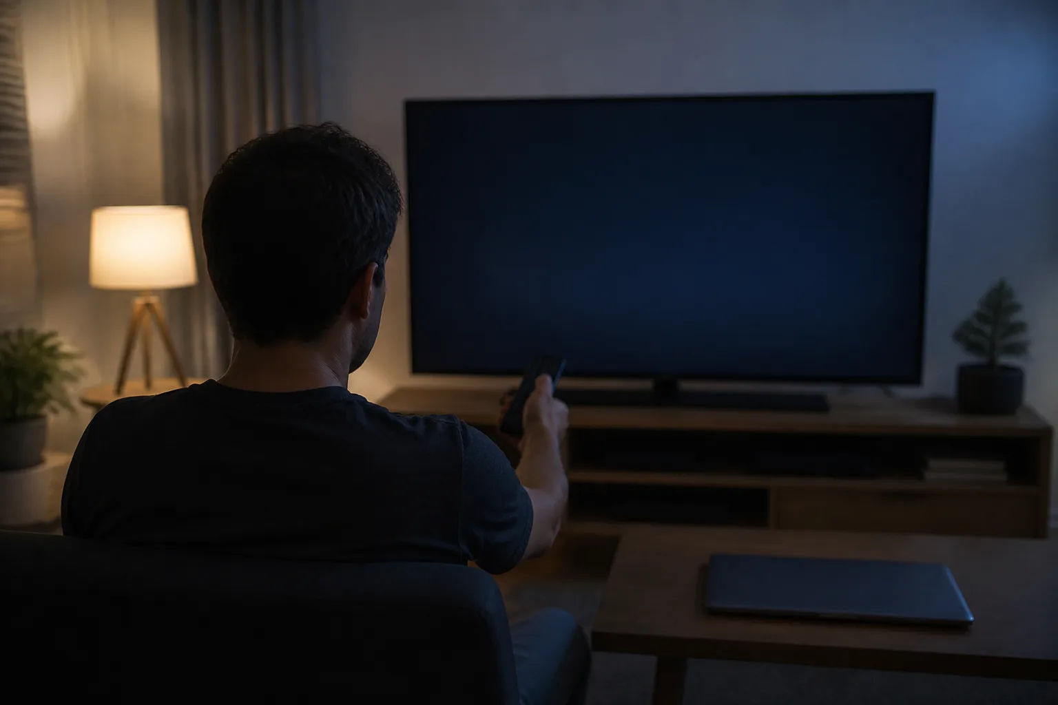Un homme pointe une télécommande vers un téléviseur à l’écran noir dans un salon.