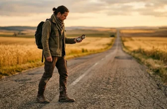 Homme avec sac à dos consultant une boussole sur route déserte