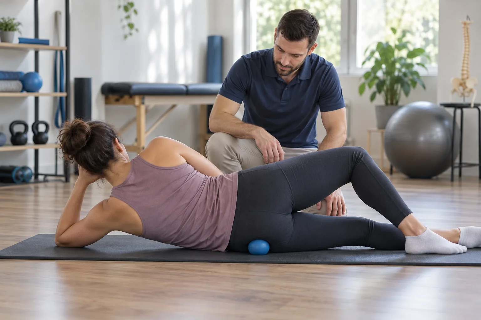 Une adulte habillée utilise doucement une balle sur le côté du fessier sous le regard d’un kinésithérapeute.