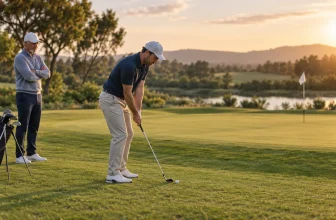 Un golfeur travaille une approche courte près d'un green sous le regard d'un coach.