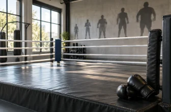 Un ring de boxe vide présente des gants génériques devant des silhouettes de différents gabarits.