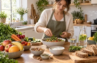 Une personne prépare un repas avec fruits, légumes, céréales, légumineuses et produits simples.