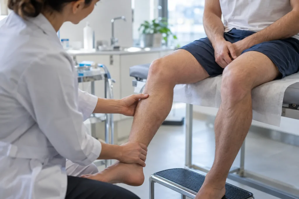 Un professionnel examine calmement les jambes d’un adulte dont la peau paraît normale.