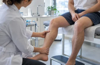 Un professionnel examine calmement les jambes d’un adulte dont la peau paraît normale.