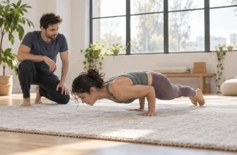 Une adulte travaille un appui d’elbow lever près du tapis sous le regard d’un coach.